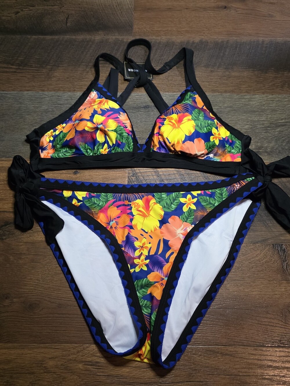 Aidonger Floral Tie-Side Bikini Set - Black with Tropical Print